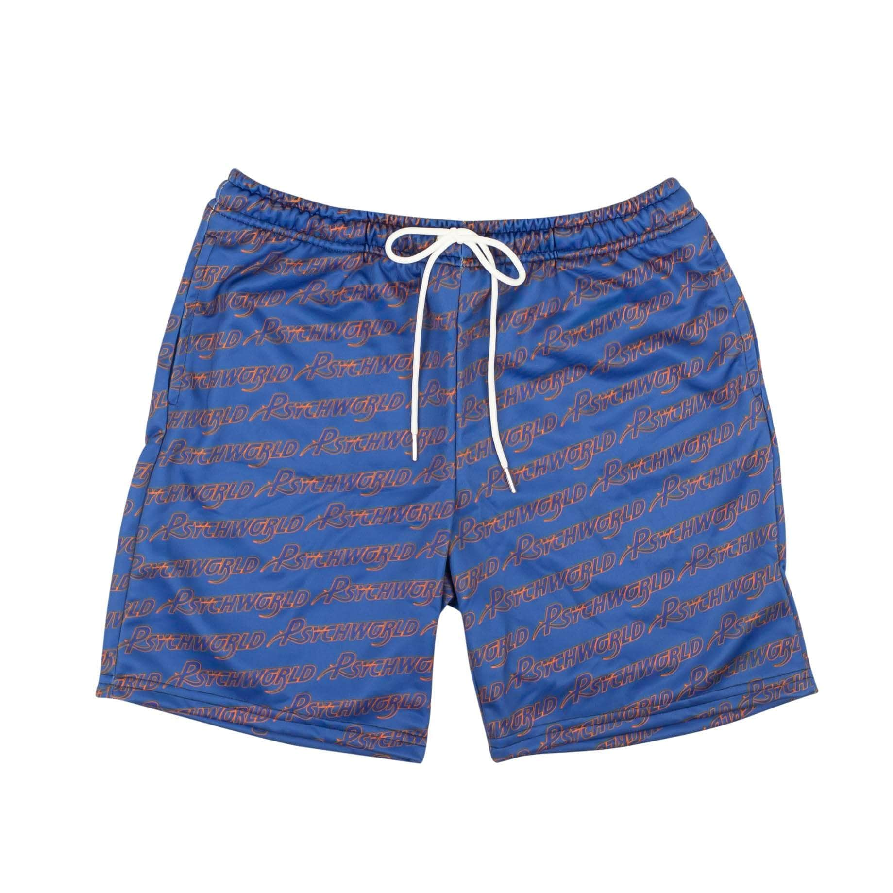 95-PSY-1015/S PSYCHWORLD_REPEATED_LOGO_SHORTS_BLUE_ORANGE ROYAL BLUE/ORANGE PSYCHWORLD REPEATED LOGO SHORTS