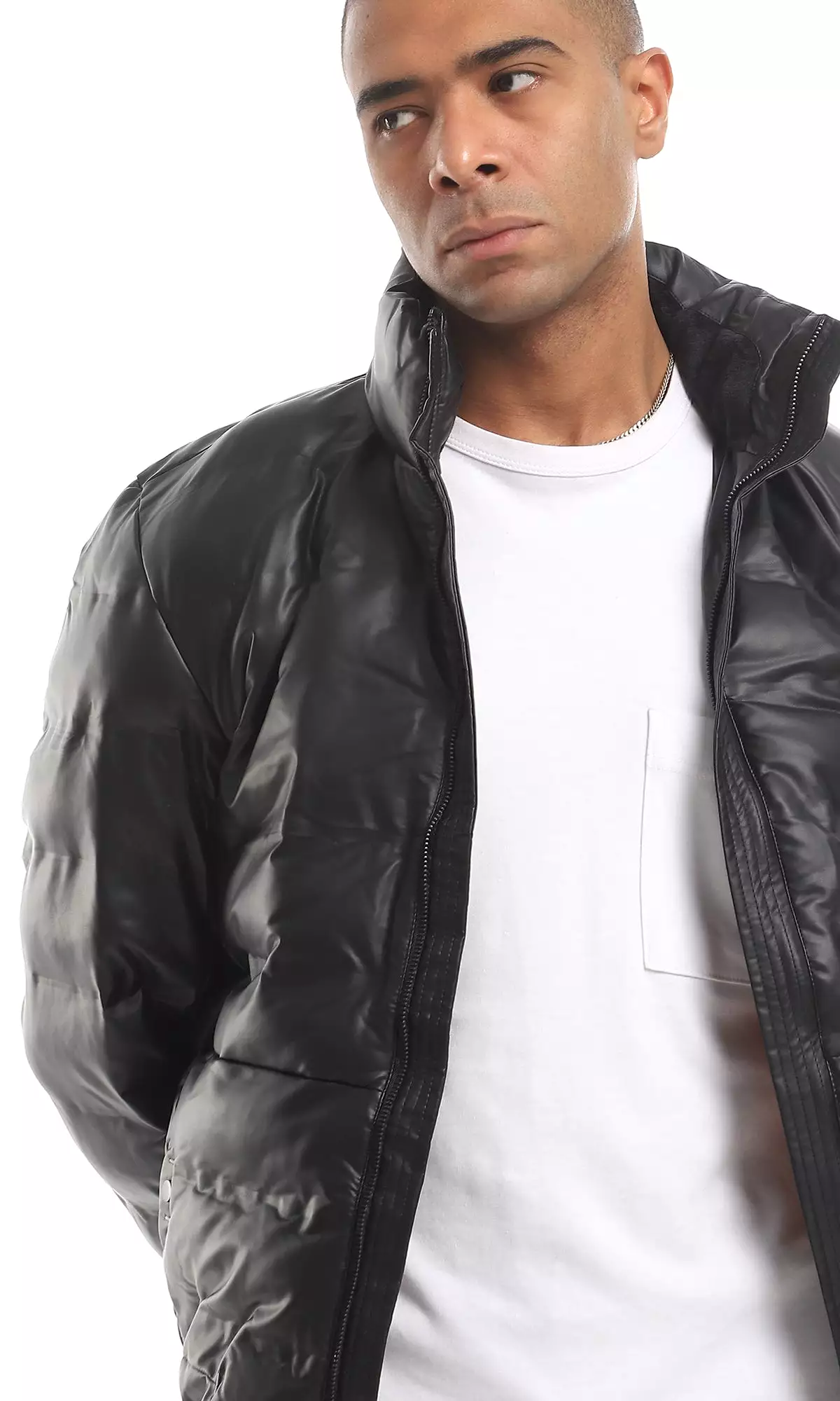 95836 Snap Buttoned Side Pocket Black Leather Bomber Jacket