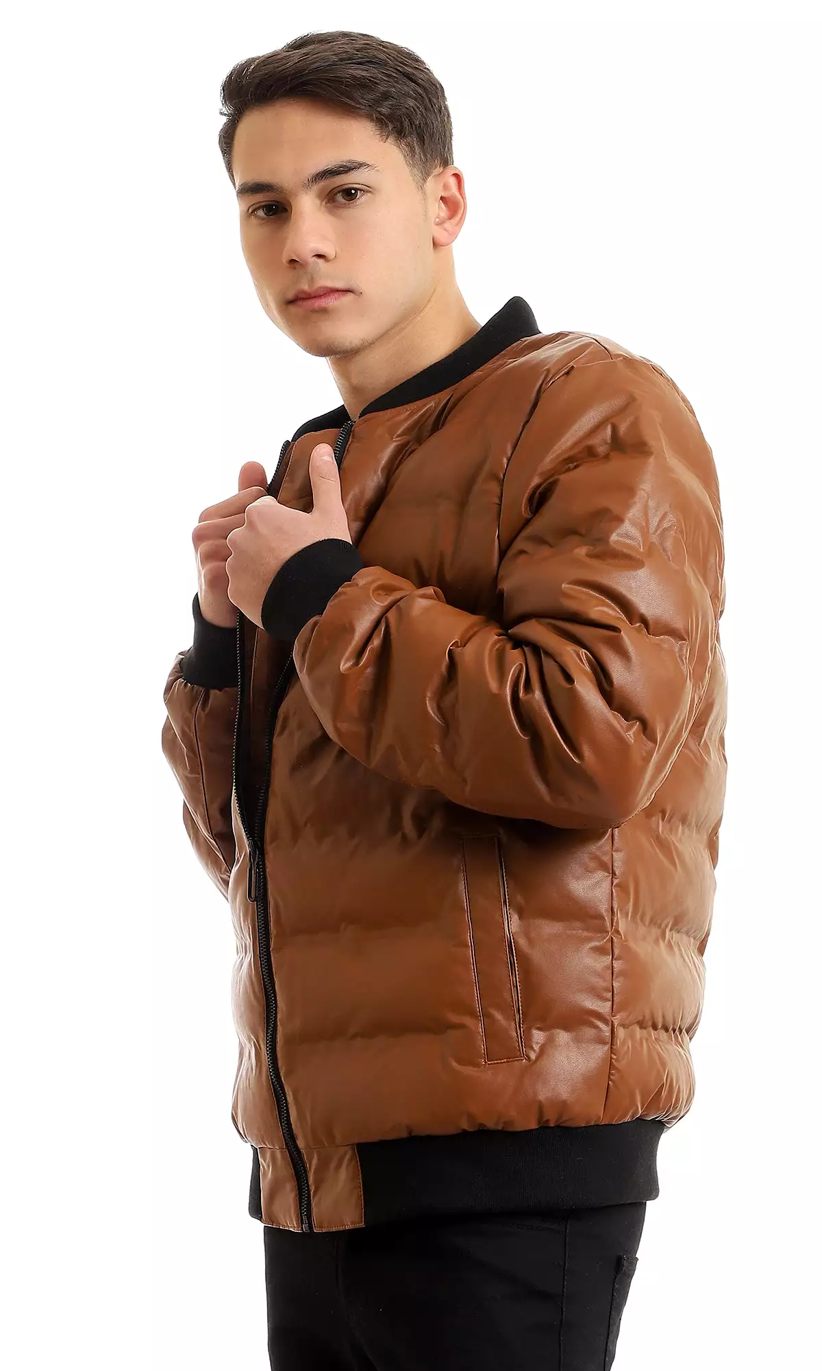 95840 Mandarin Collar Full Zipped Leather Havana Bomber Jacket