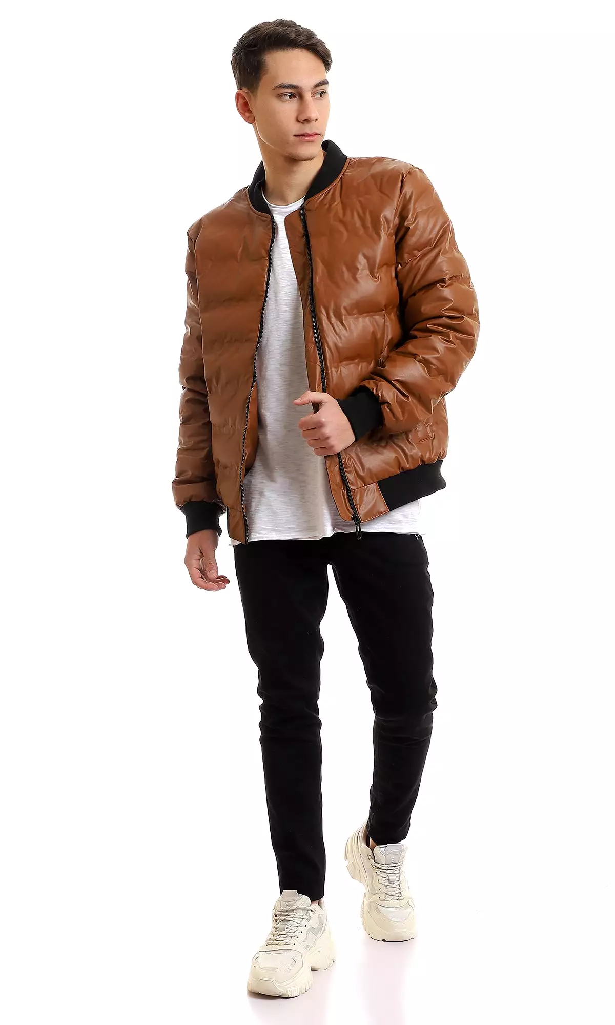 95840 Mandarin Collar Full Zipped Leather Havana Bomber Jacket