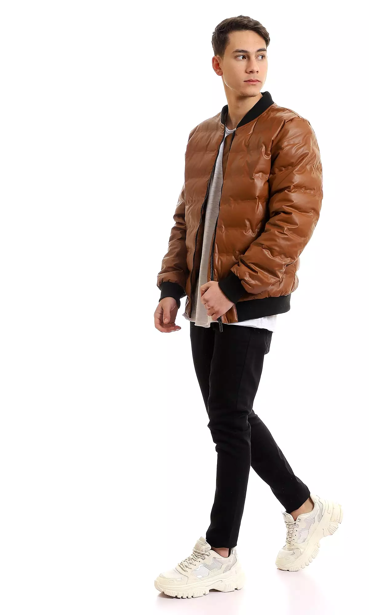 95840 Mandarin Collar Full Zipped Leather Havana Bomber Jacket