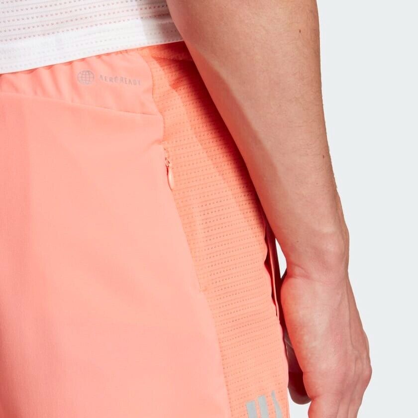 adidas Own The Run Mens Running Shorts Coral Breathable Reflective Zip Pockets