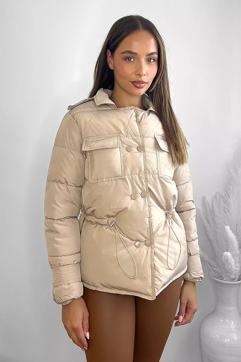 Beige Utility Pockets Short Puffer Bomber Jacket