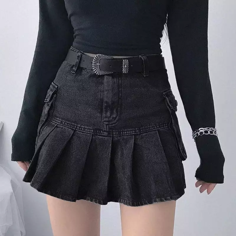 Black Denim Pleat Skirt