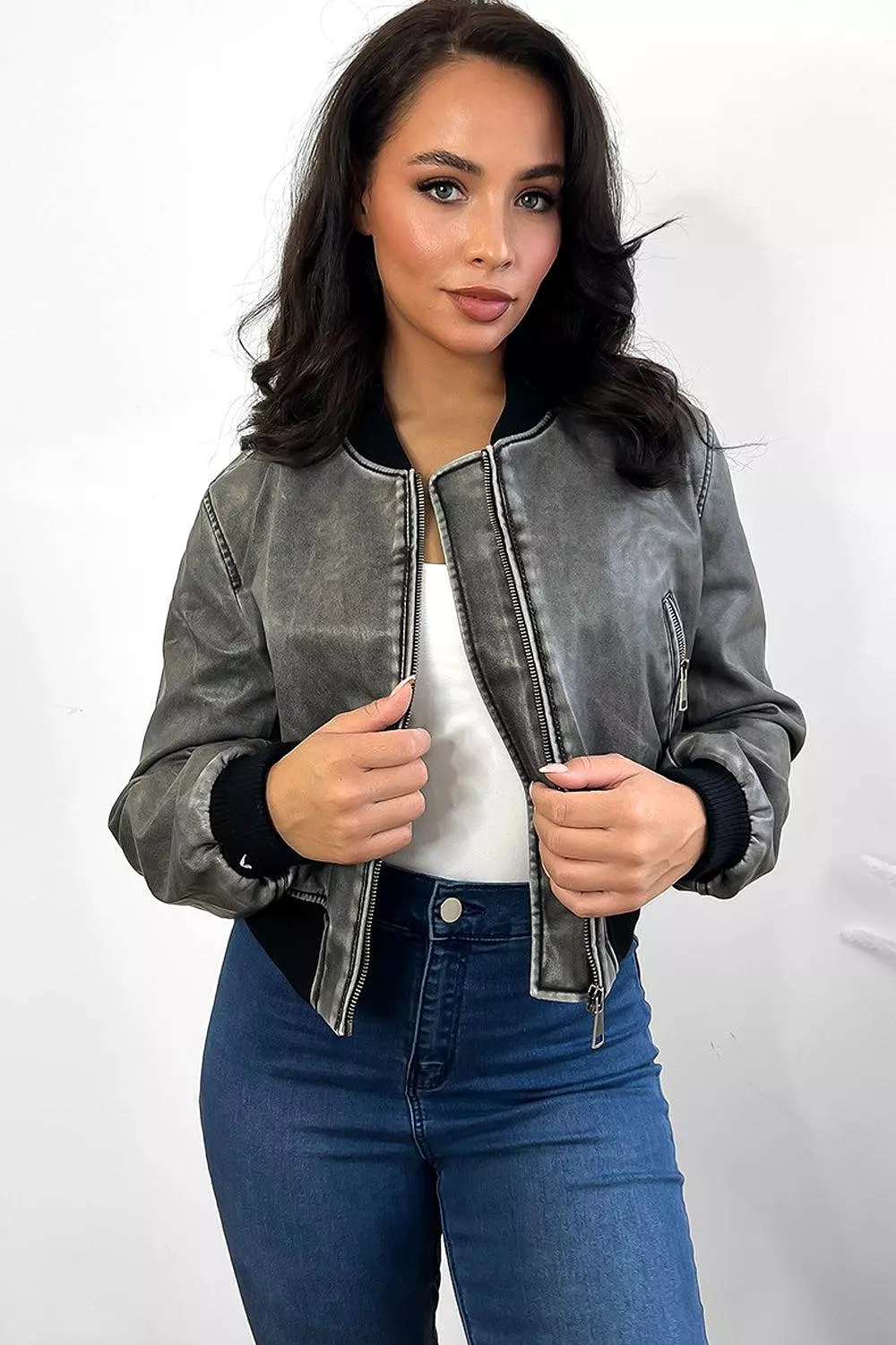 Black Grey Aged Effect Vegan Leather Bomber Jacket