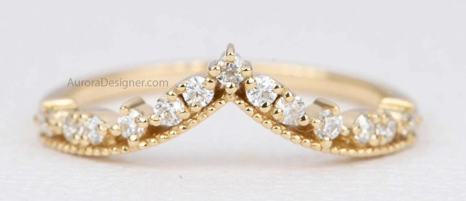 Contoured Diamond Wedding Band 14K Gold Crown Curve Unique Tiara Ring Guard AD1833