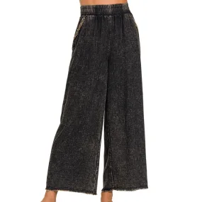 Crushing It Washed Frayed Hem Linen Pants Black