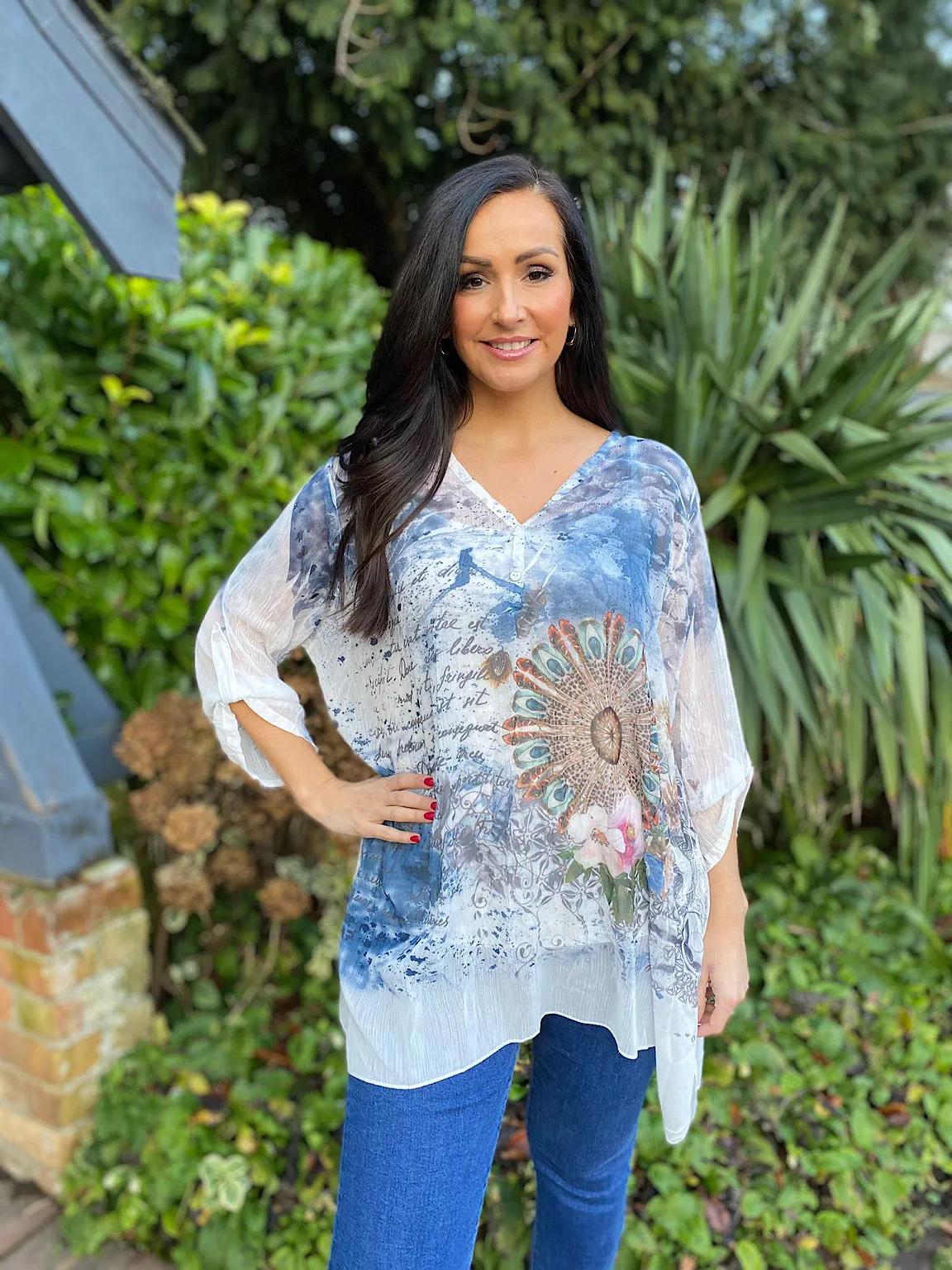 Denim Layered Feather Pattern Top Diane