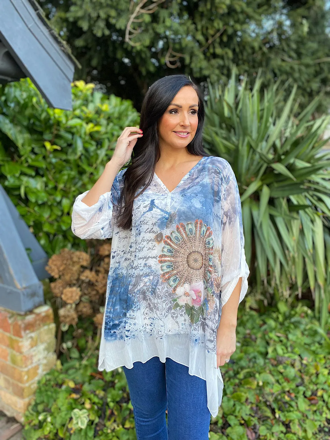 Denim Layered Feather Pattern Top Diane