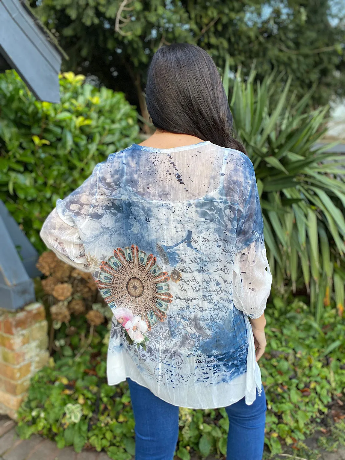 Denim Layered Feather Pattern Top Diane