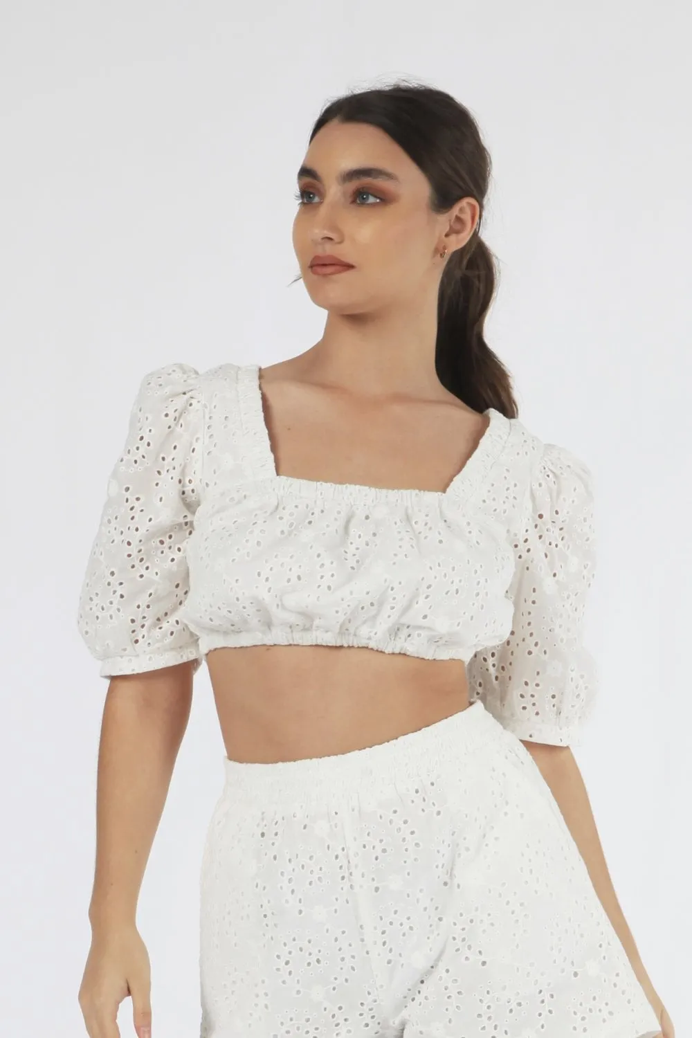 Double Second White Broderie Crop Top With Lace Up Back