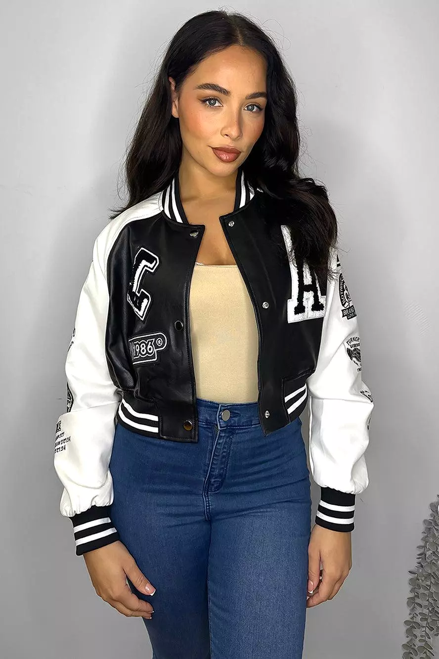 Faux Leather Cropped Contrast Varsity Bomber Jacket