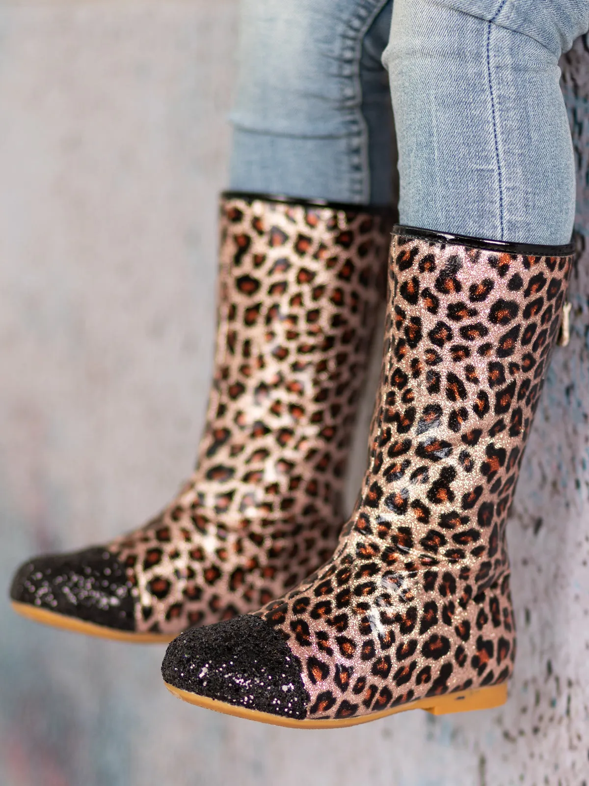 Girls Leopard Print Black Glitter Cap Toe Boots By Liv and Mia