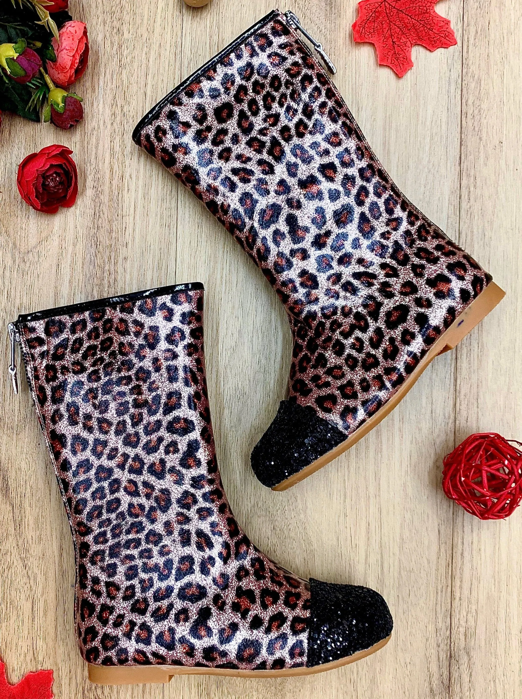 Girls Leopard Print Black Glitter Cap Toe Boots By Liv and Mia