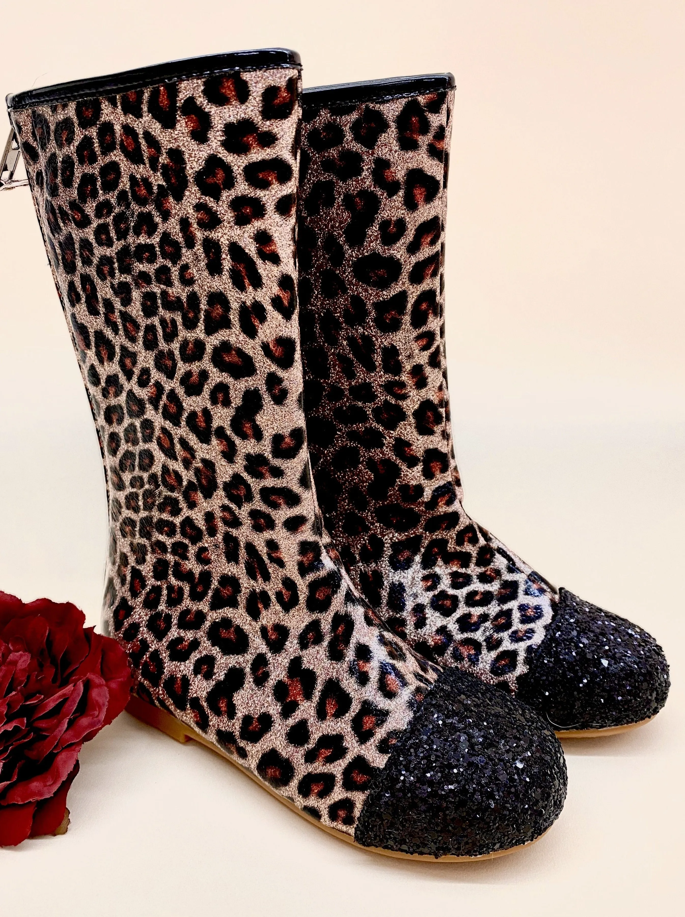 Girls Leopard Print Black Glitter Cap Toe Boots By Liv and Mia