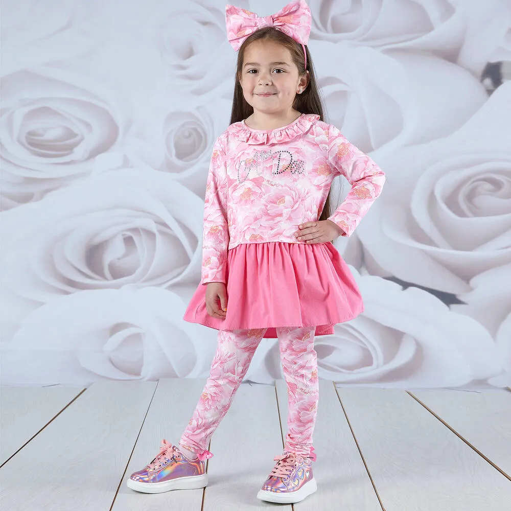 Girls Pink Floral Ruffle Leggings Set