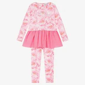 Girls Pink Floral Ruffle Leggings Set