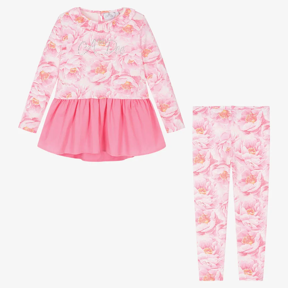 Girls Pink Floral Ruffle Leggings Set