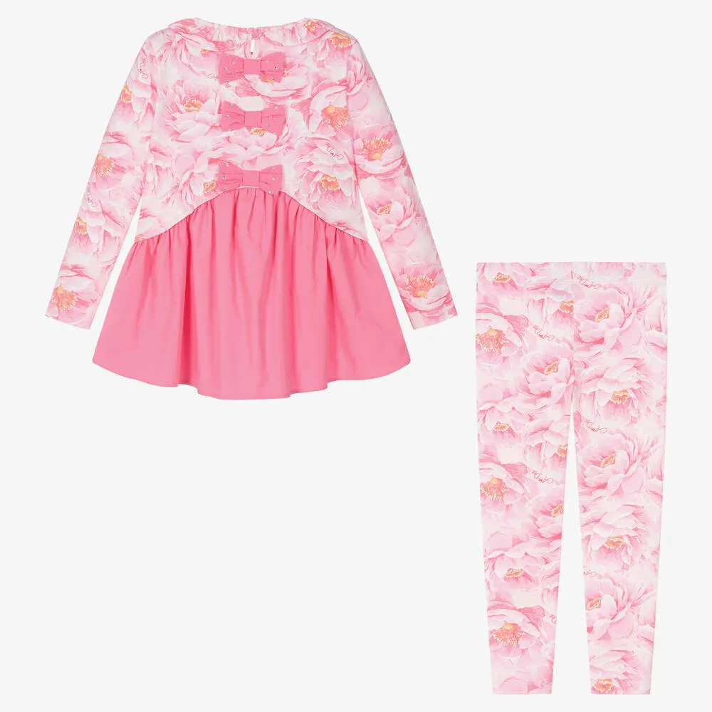 Girls Pink Floral Ruffle Leggings Set