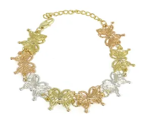 Gold Plated Tri-Color Butterfly Charm Bracelet 6.5-8 inch adjustable