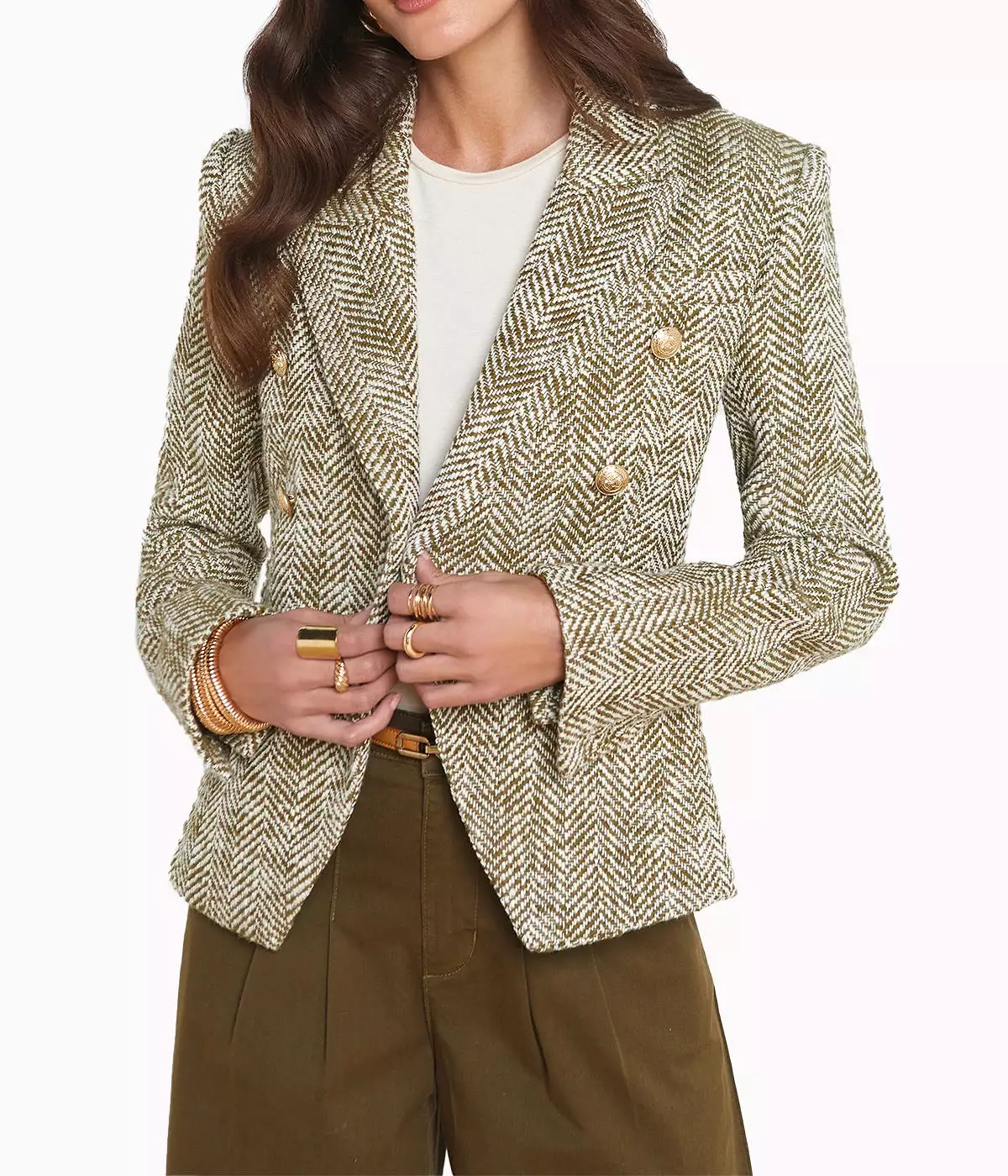 Marie Double Breasted Blazer in Army Ecru Herringbone