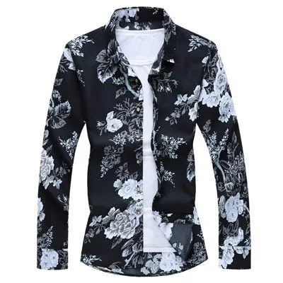 Men's Black Casual Slim Fit Floral Printed Long Sleeve Polyester Shirt