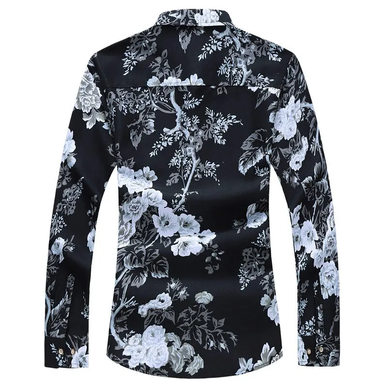 Men's Black Casual Slim Fit Floral Printed Long Sleeve Polyester Shirt