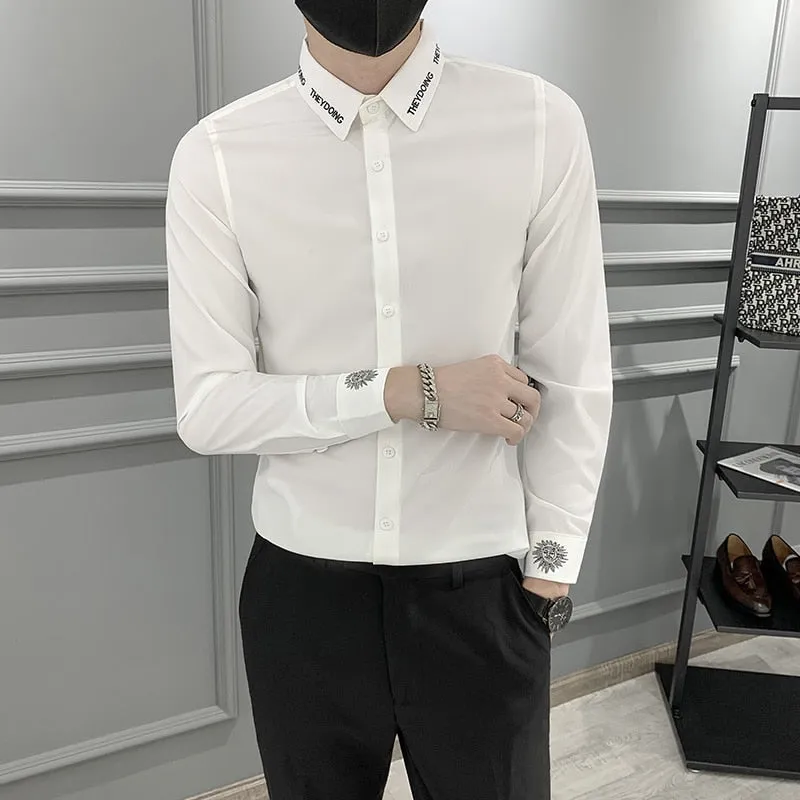 Men's Korean Fashion Polyester Letter Printed Slim Fit Formal Dress Shirt