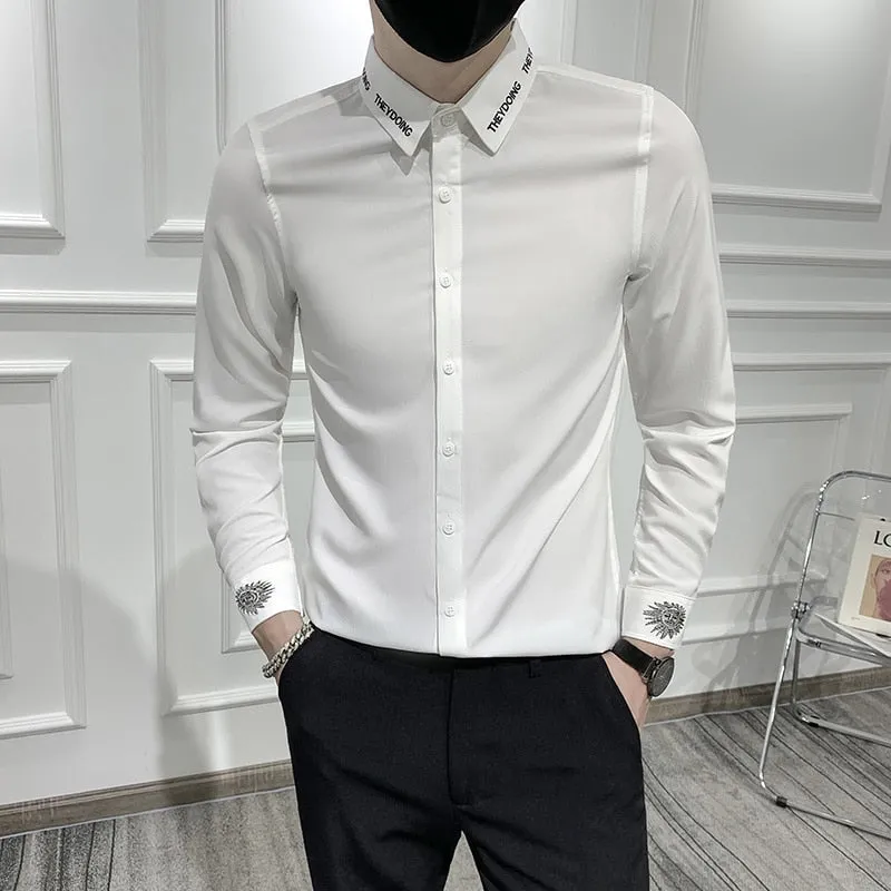 Men's Korean Fashion Polyester Letter Printed Slim Fit Formal Dress Shirt