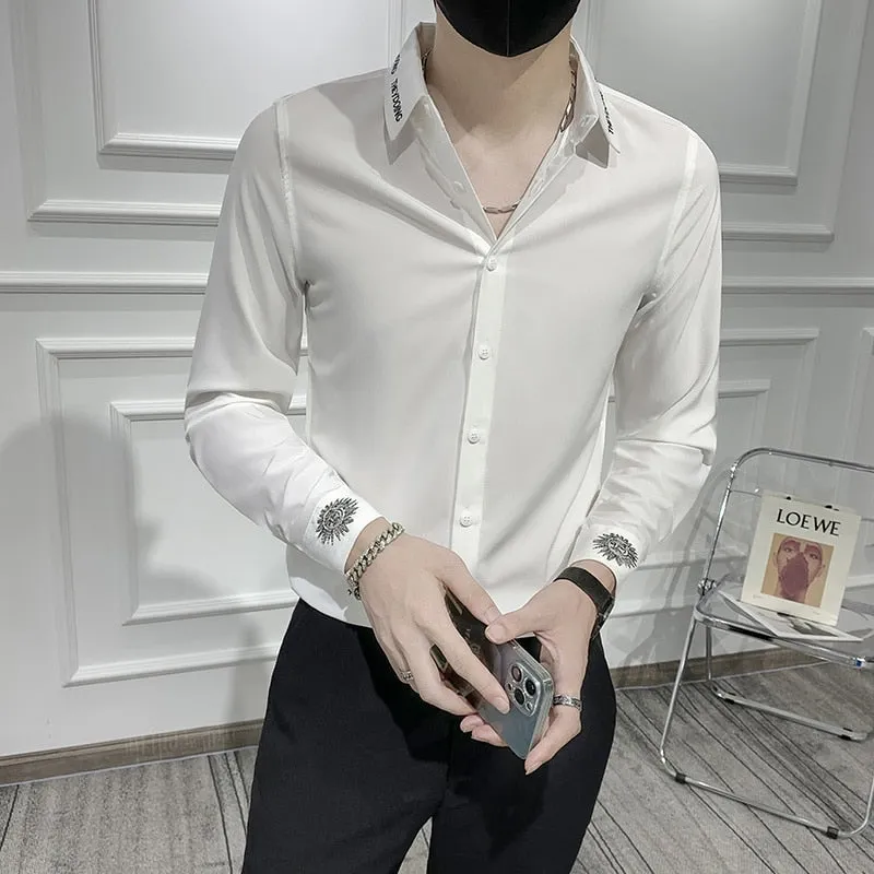 Men's Korean Fashion Polyester Letter Printed Slim Fit Formal Dress Shirt