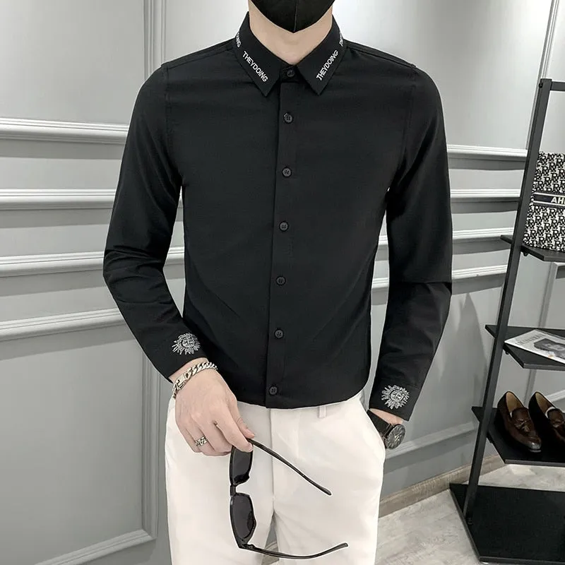 Men's Korean Fashion Polyester Letter Printed Slim Fit Formal Dress Shirt