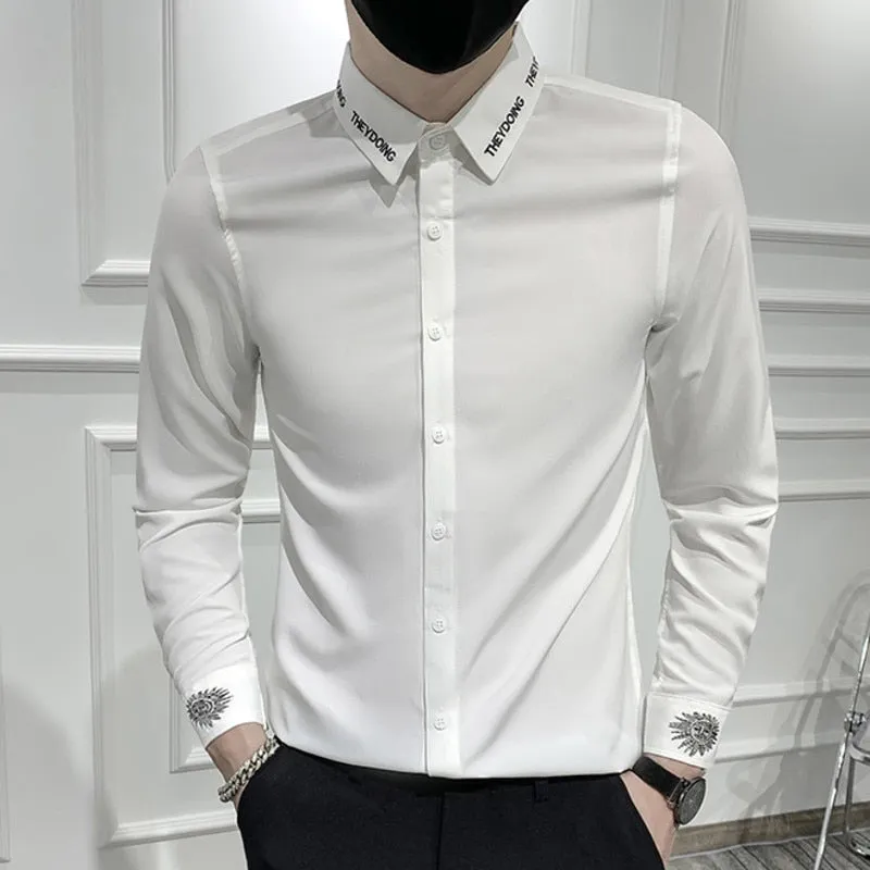 Men's Korean Fashion Polyester Letter Printed Slim Fit Formal Dress Shirt