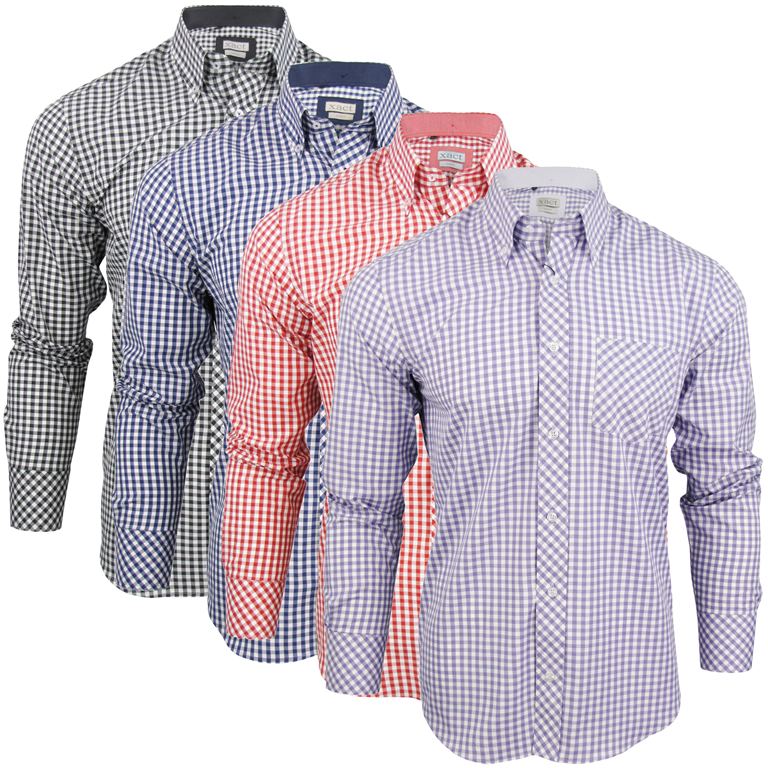 Mens Long Sleeve Gingham Check Shirt Button Down Collar Slim Fit By Xact