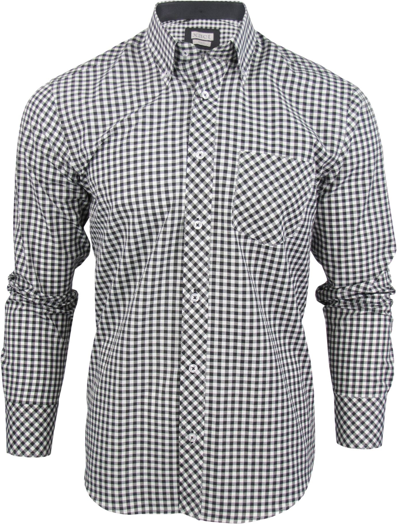 Mens Long Sleeve Gingham Check Shirt Button Down Collar Slim Fit By Xact