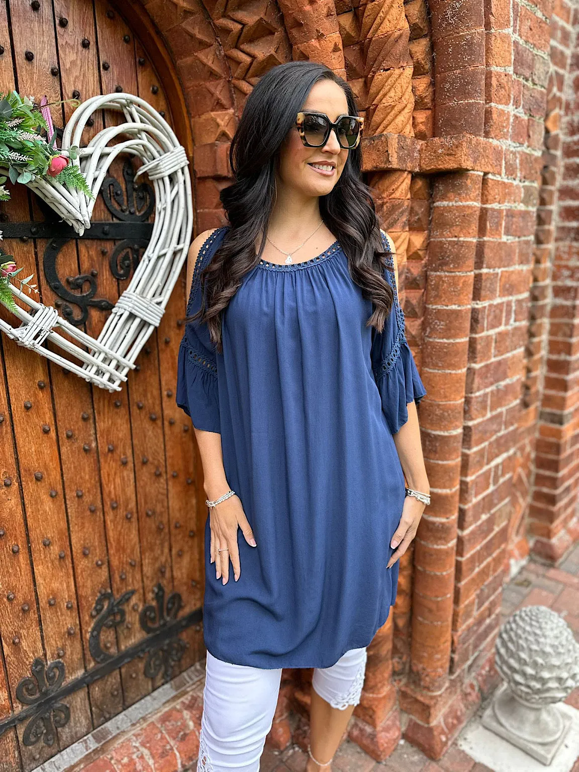 Navy Crochet Cold Shoulder Dress Monica