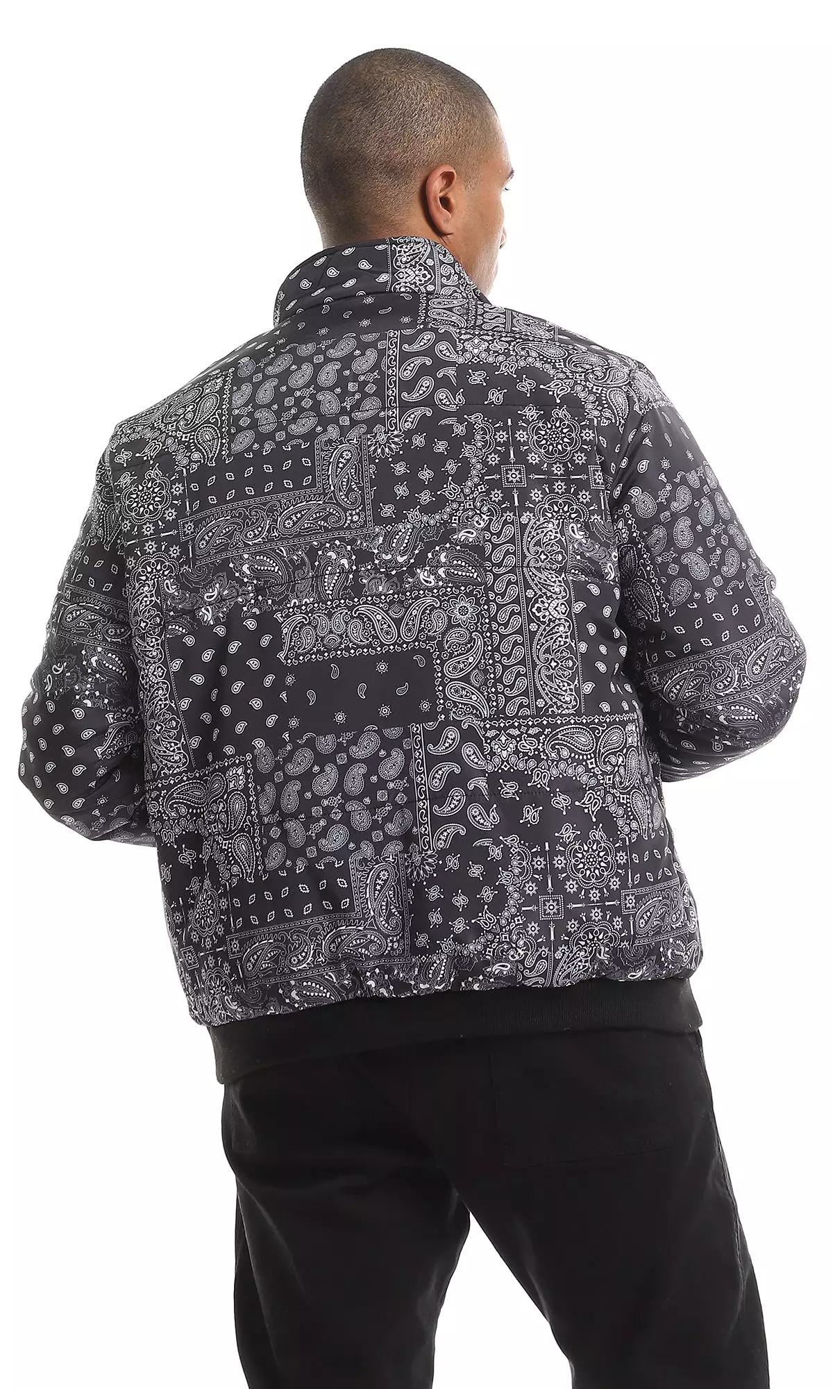 O156176 White Paisley Pattern Allover Navy Blue Bomber Jacket