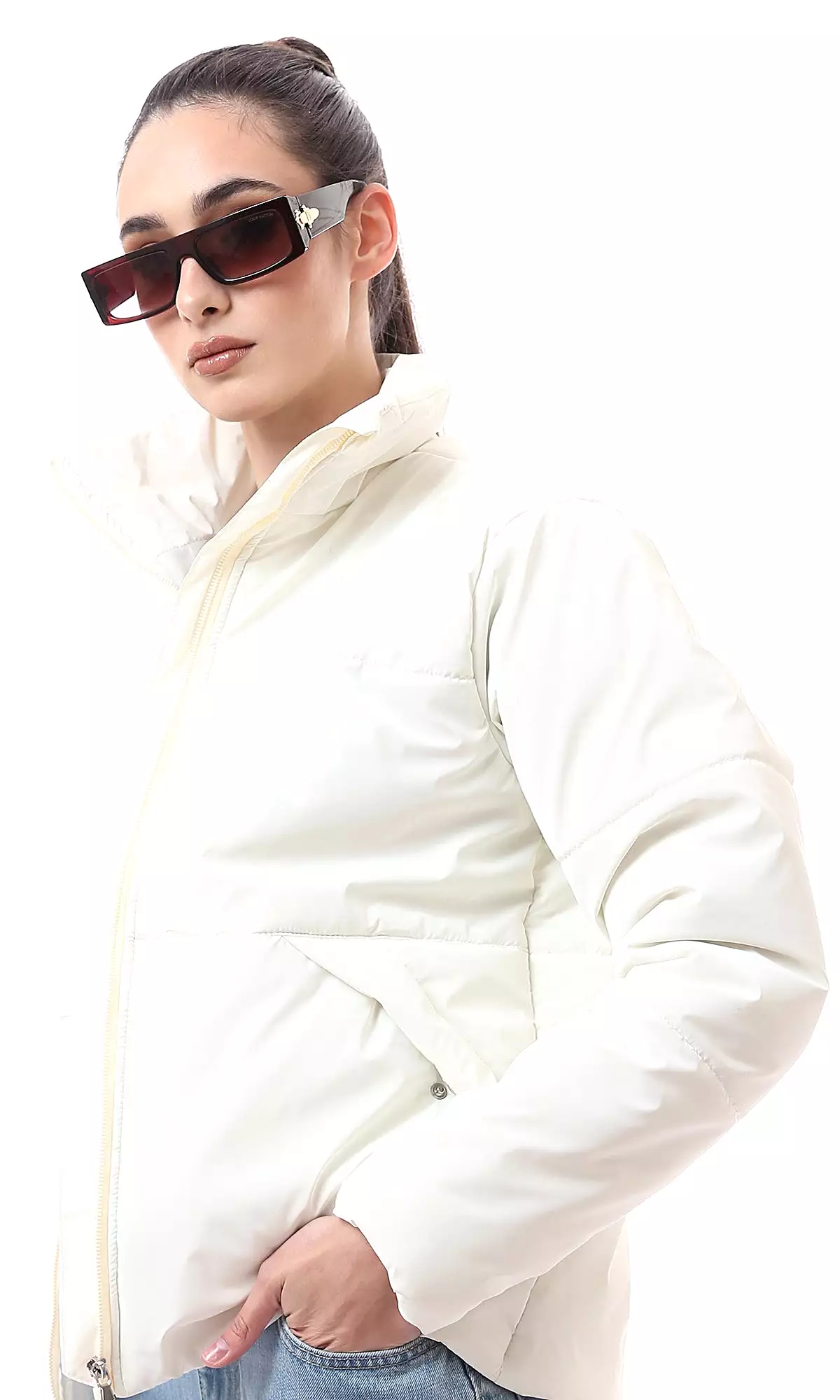 O173800 White Soft Waterproof Quilt Relaxed Bomber Jacket