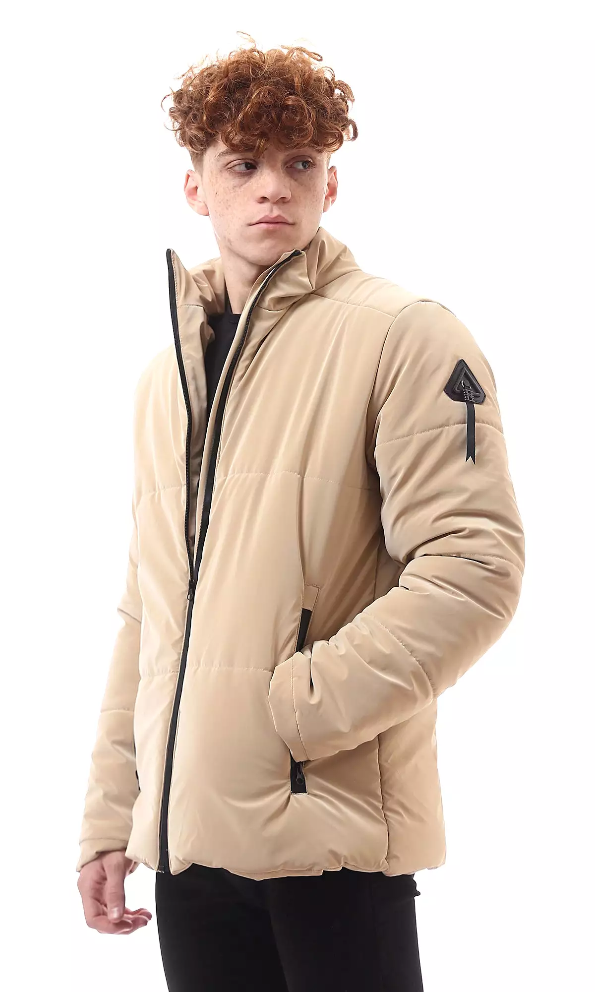 O174074 Stand Collar Long Sleeves Sand Beige Bomber Jacket