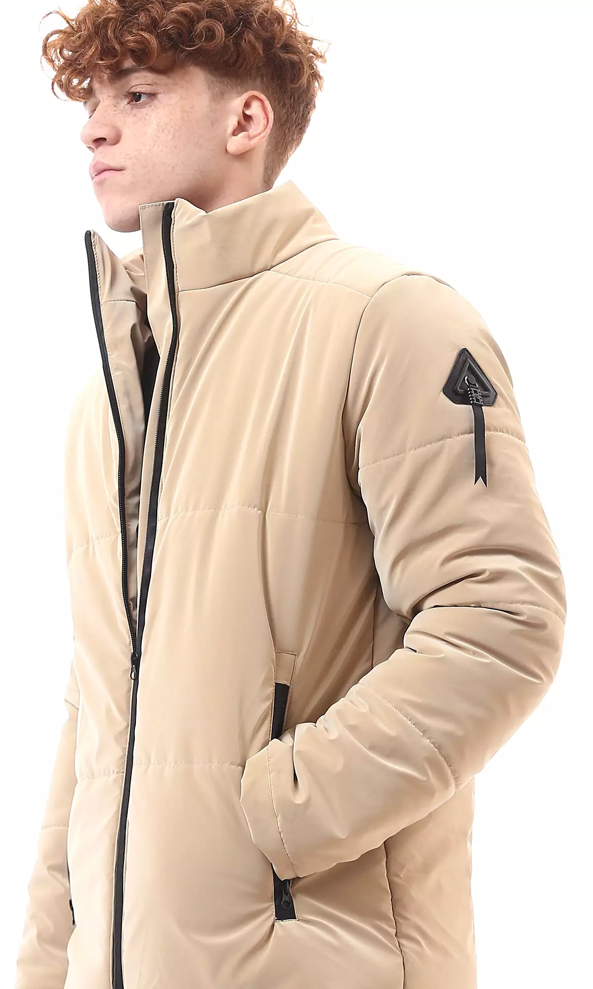 O174074 Stand Collar Long Sleeves Sand Beige Bomber Jacket