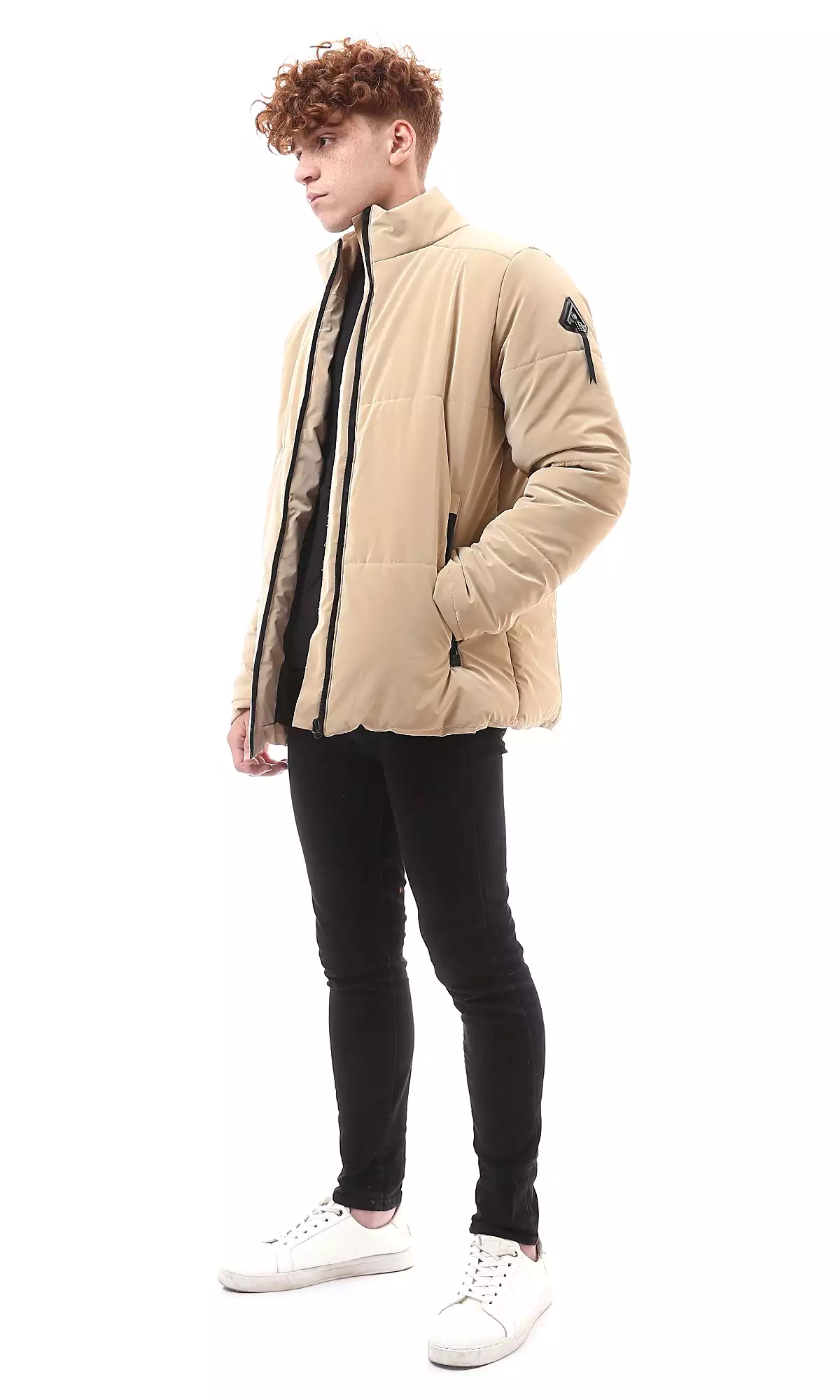 O174074 Stand Collar Long Sleeves Sand Beige Bomber Jacket