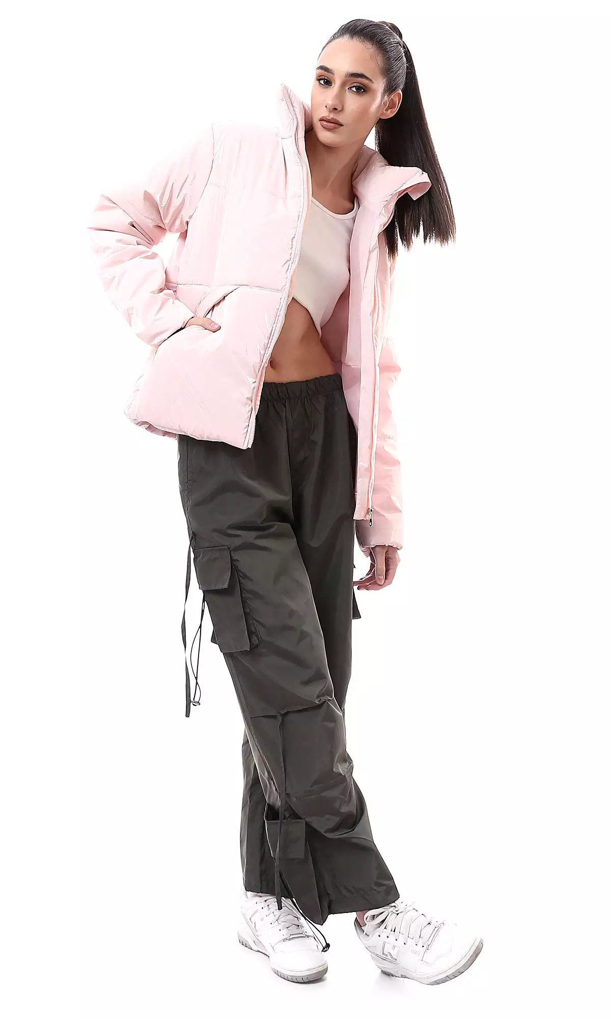 O174183 Shiny Rose Bomber Jacket With Stand Collar