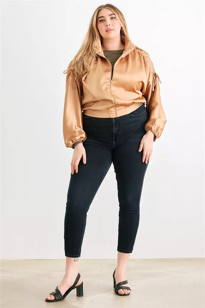 Plus Satin Zip-up Ruched Long Sleeve Cropped Bomber Jacket