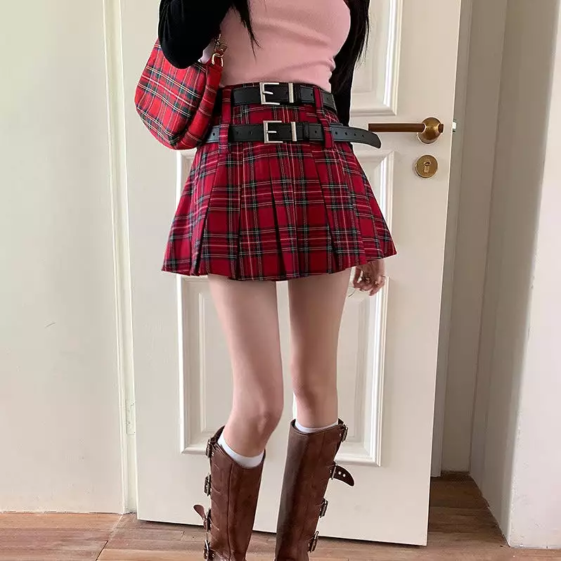 Red Plaid Double Belt Skirt