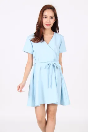 Sleeve Wrap Skater Dress in Light Blue