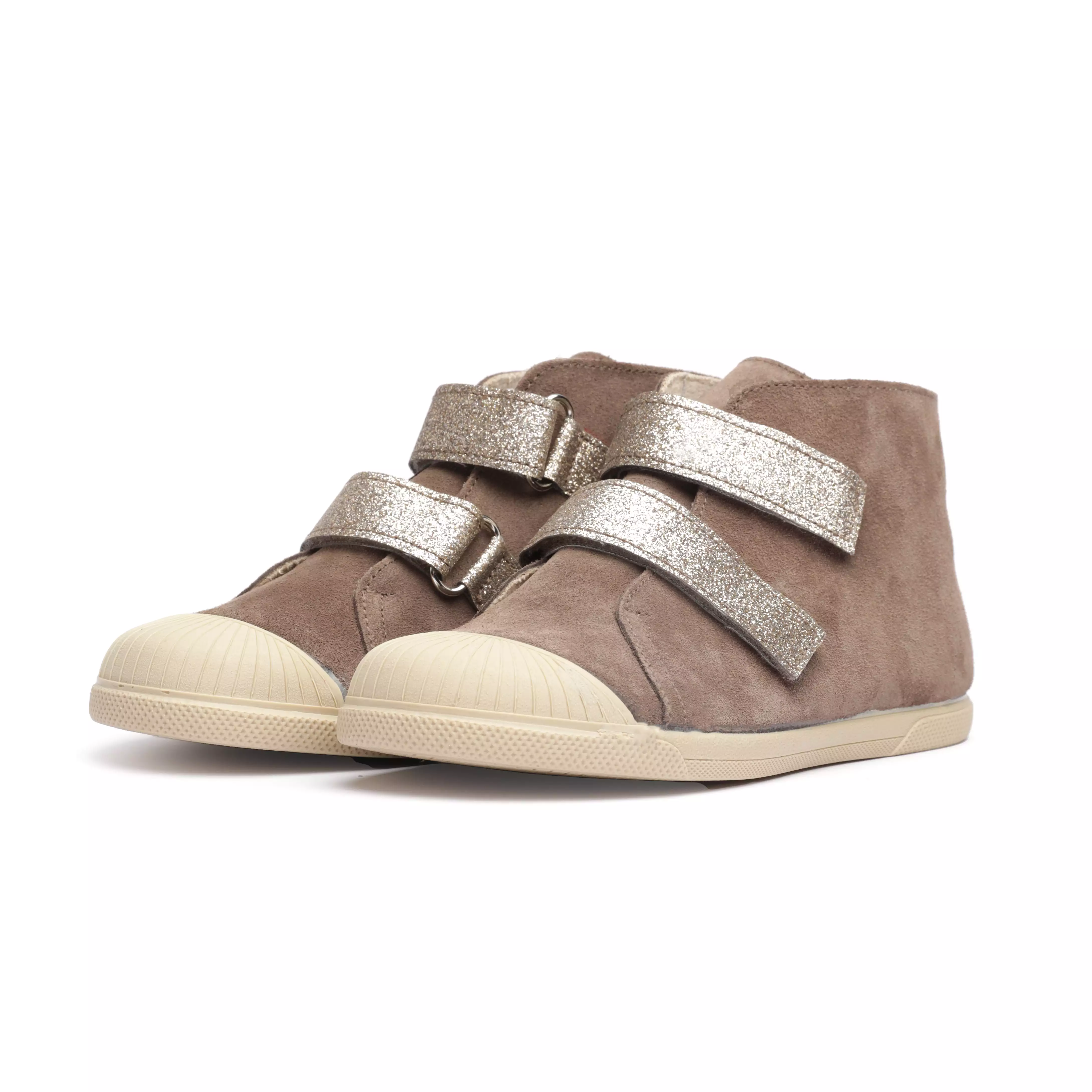 Suede High-Top Sneaker in Taupe with Glitter Straps