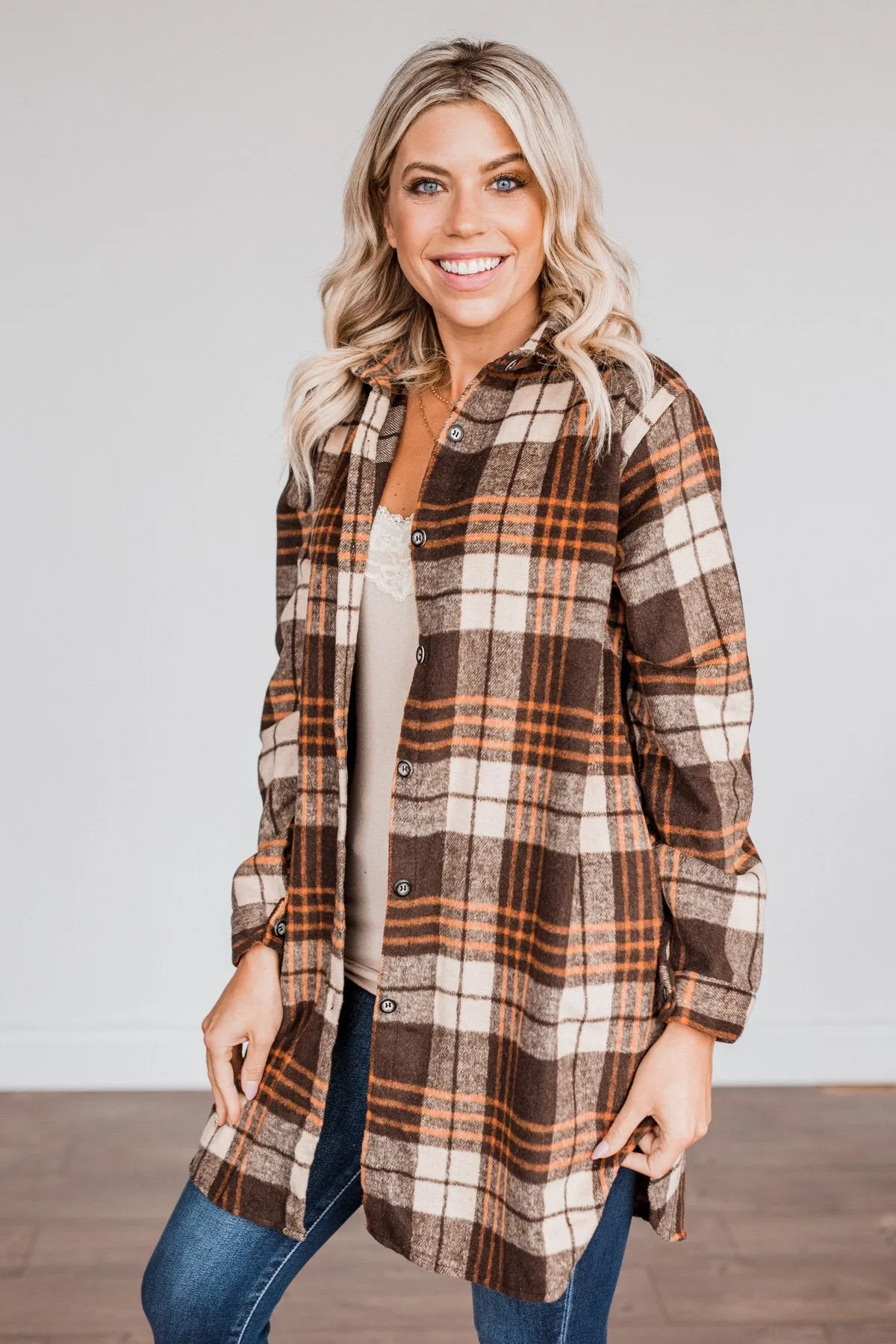 Time With You Plaid Top- Orange & Chocolate