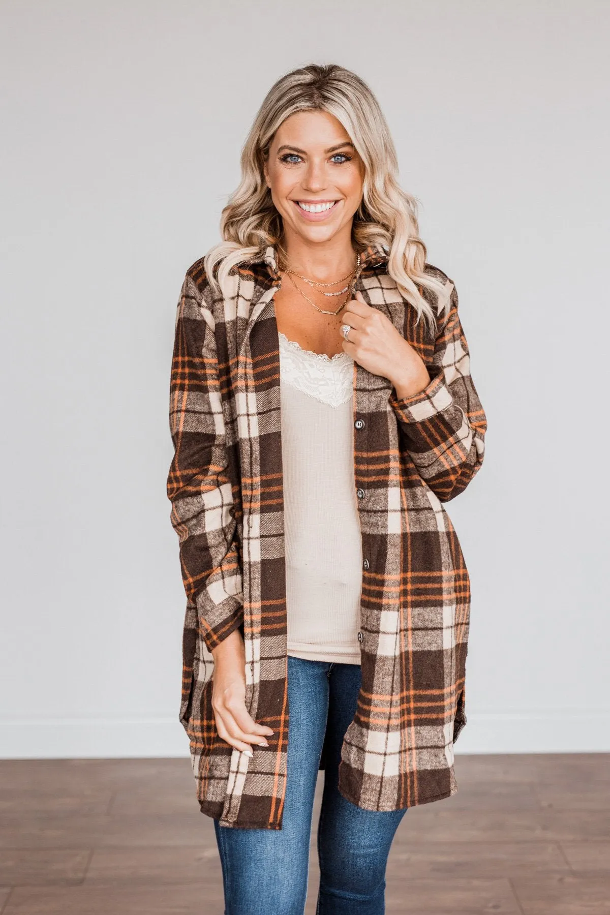 Time With You Plaid Top- Orange & Chocolate