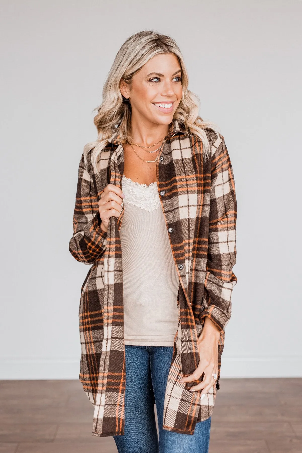 Time With You Plaid Top- Orange & Chocolate