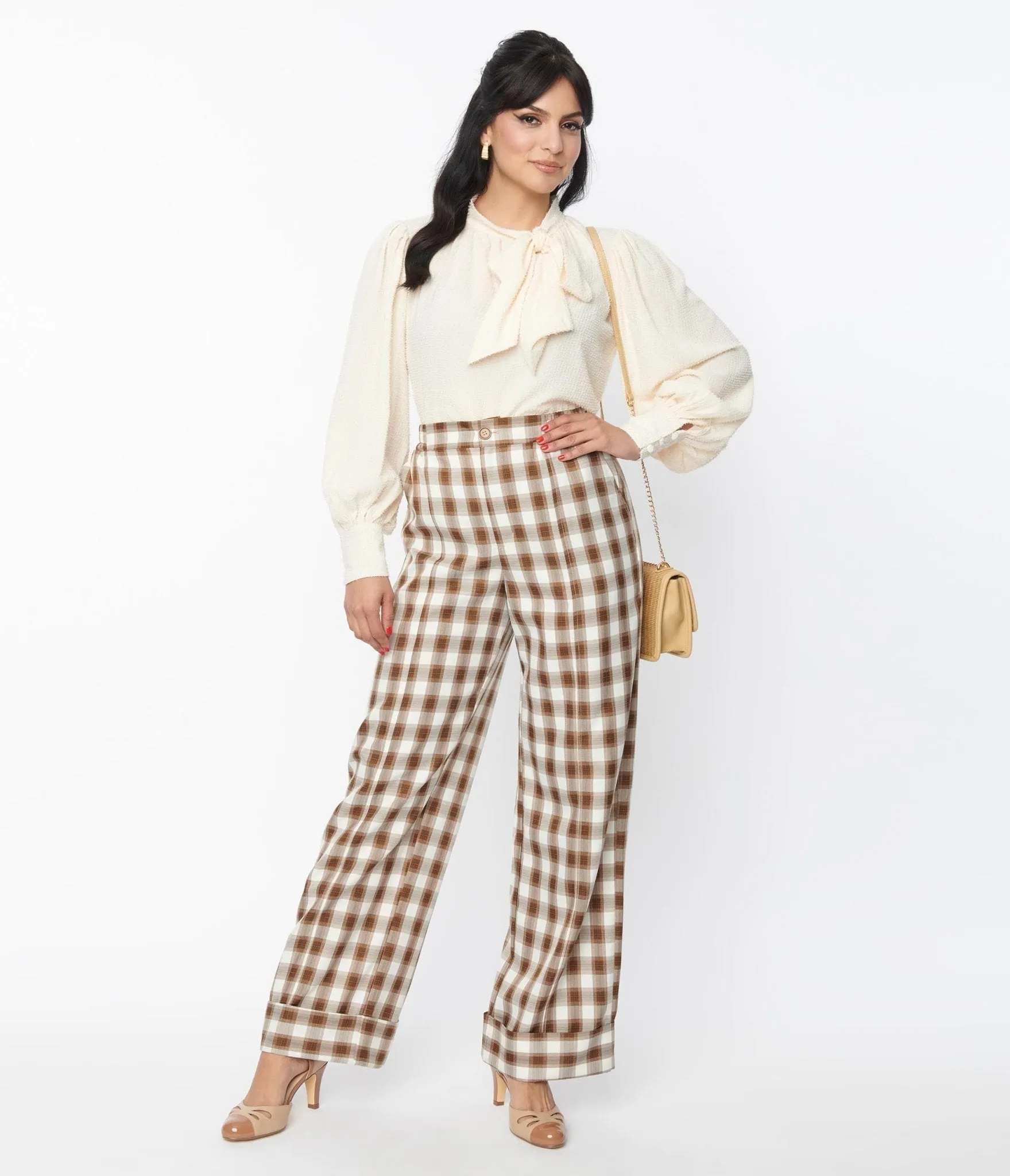 Unique Vintage 1940s Brown & Ivory Plaid Wide Cuff Pants