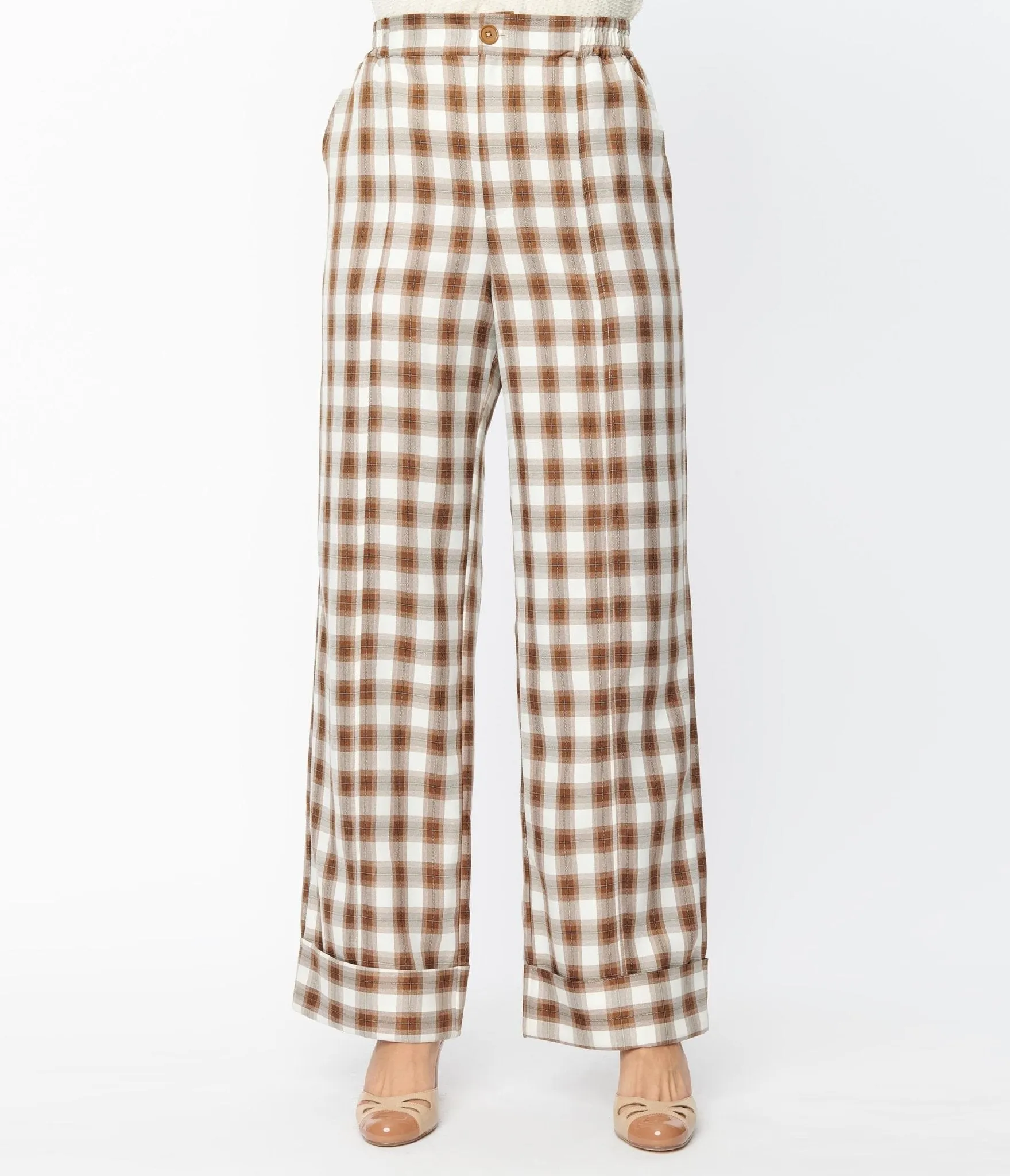 Unique Vintage 1940s Brown & Ivory Plaid Wide Cuff Pants